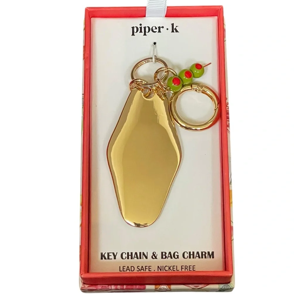 PIPER K Gold-Tone Martini (Tini) Time Keychain / Bag Charm with Olives